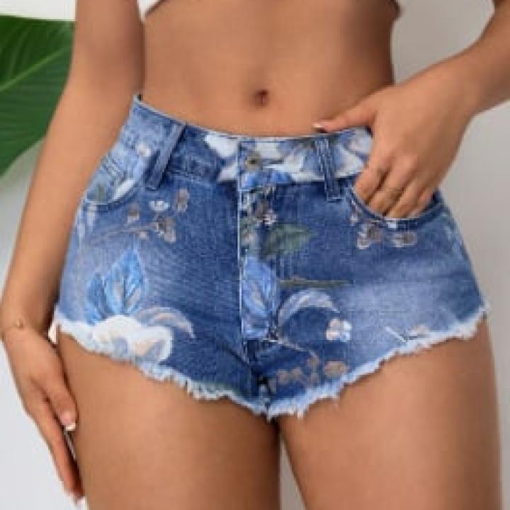Women's printed denim shorts, patchwork, low waist, cotton-polyester blend