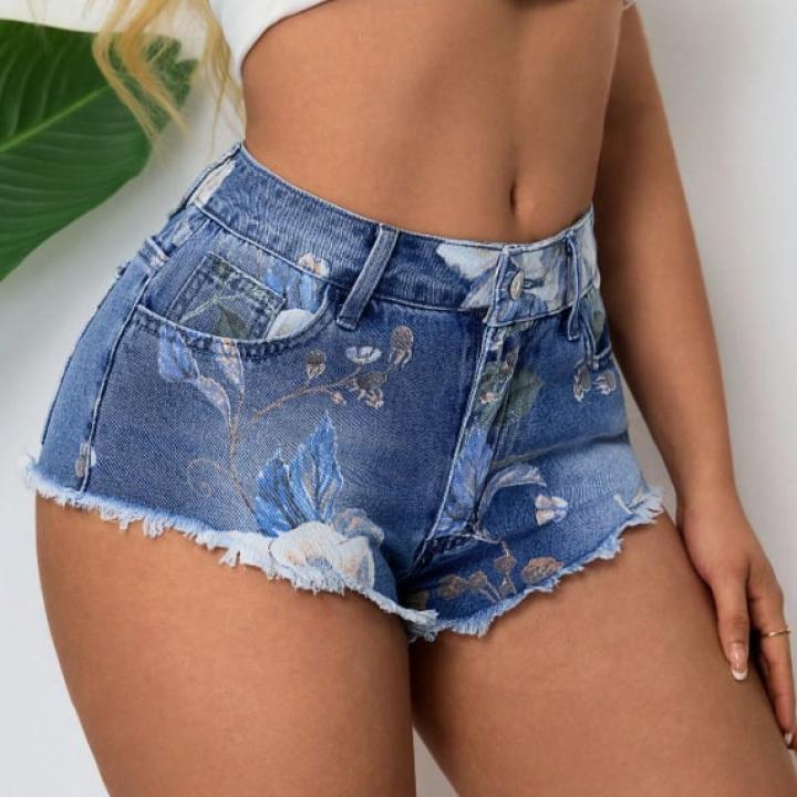 Women's printed denim shorts, patchwork, low waist, cotton-polyester blend