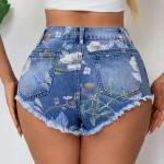 Women's printed denim shorts, patchwork, low waist, cotton-polyester blend