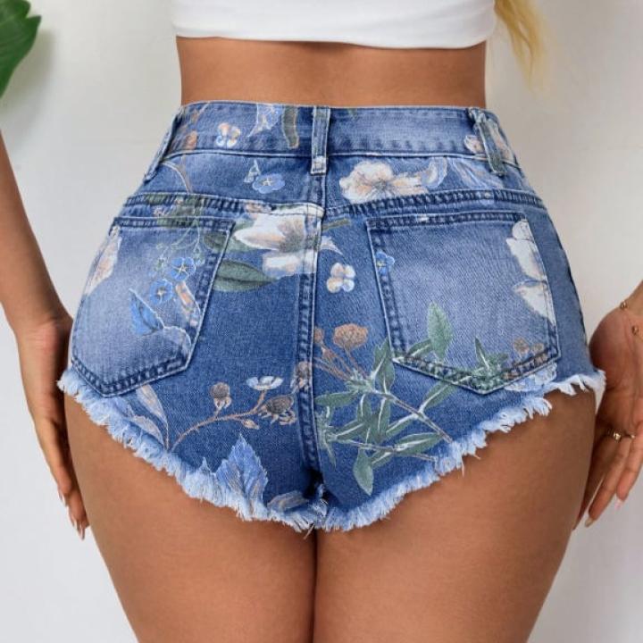 Women's printed denim shorts, patchwork, low waist, cotton-polyester blend