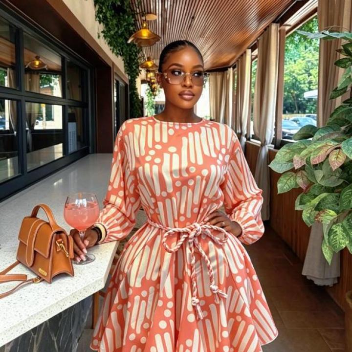 Peach-and-White Patterned Long-Sleeve Mini Dress